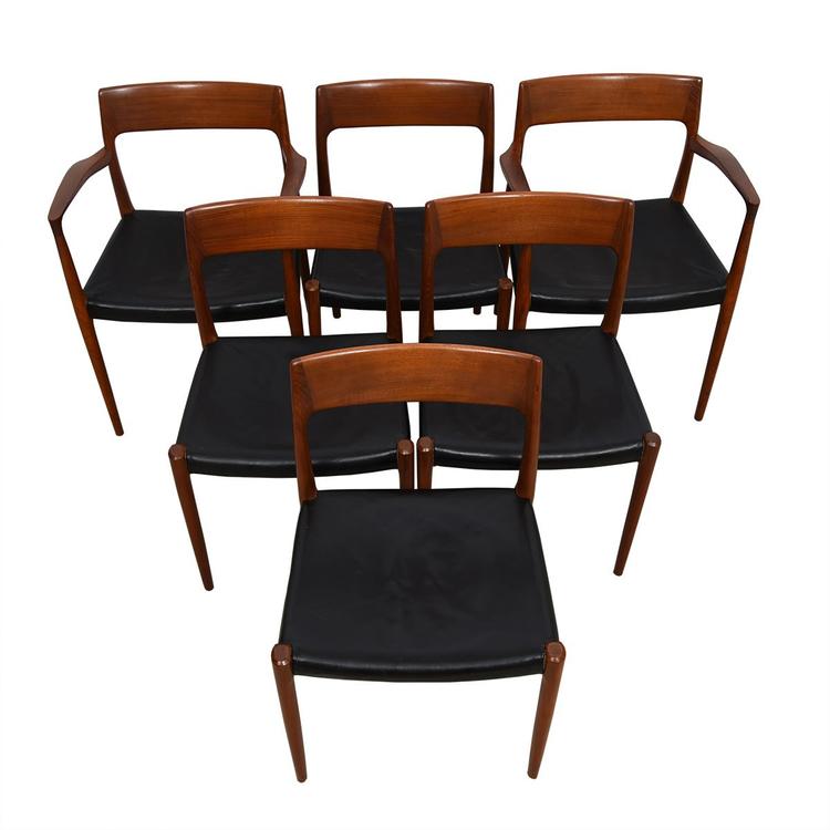 Fabulous Set of 6 Leather (2 Arm + 4 Side) Danish #57 & #77 Teak Moller Chairs