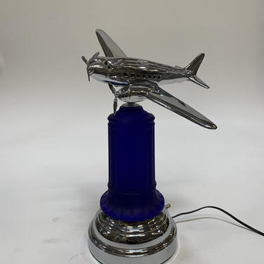 Art Deco Chrome Light Up Cobalt Airplane Lamp 