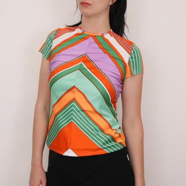 1970s Geometric Top/ Vibrant Mod Vintage Shirt/ Green and Orange Retro Top/ Short Sleeve Disco Top/ Size Small 