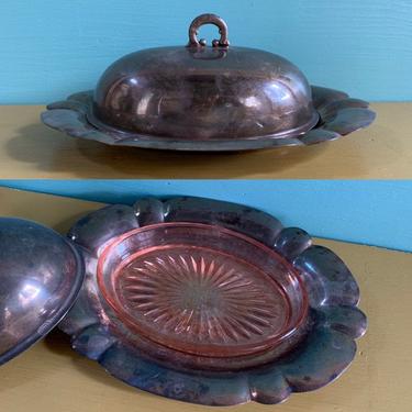 1920s / 1930s - pink glass oval butter dish with silver metal plate & dome cover 