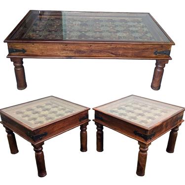 3 Pc Set of Antique Haveli Palace Door Coffee + Side Tables - Brass &amp; Solid Teak Wood w Glass Top 