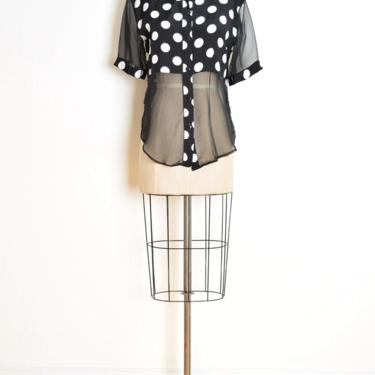 vintage early 90s top black white polka dot print sheer blouse shirt M clothing 