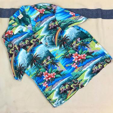 Size XL Vintage 1950s Hale Hawaii Rayon Crepe Loop Collar Hawaiian Shirt w/ Coconut Buttons 