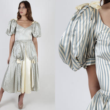 Vintage 80s Gunne Sax Ivory Satin Maxi Dress / Romantic Fairytale Princess Dress / Striped Full Skirt Dress / Jessica McClintock Bridal Gown by americanarchive