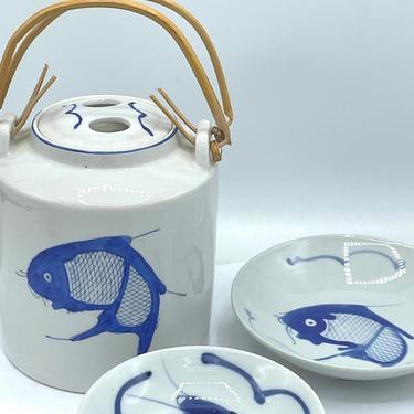 Vintage Koi Fish Blue White Teapot Asian Wicker Bamboo Handle and 3 small Koi BOWLS  Kettle China- Chip Free 