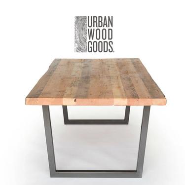 Modern Wood Dining Table with 1.5&quot; thick reclaimed wood top and steel U legs.  Choose size, wood thickness and finish. 