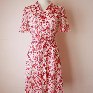 30s 40s Cotton Voile Tropical Print Shirt Dress Red and White Size S / M 