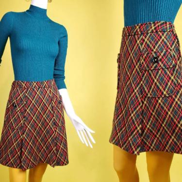 Vintage 1960s mod pleated skirt. Diagonal plaid. Wool blend. By Junior House. (Size S) 