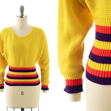 Vintage 1970s Sweater | 70s Canary Yellow Knit Acrylic Striped Cropped Dolman Sleeve Pullover Top (x-small/small) 