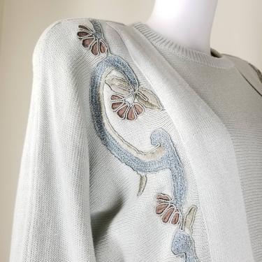 1980s Floral Applique Sweater, Small to Medium ~ Gray Blue Chevron Cotton Pullover ~ Satin Embroidered Art Nouveau Knit Top ~ Medium 
