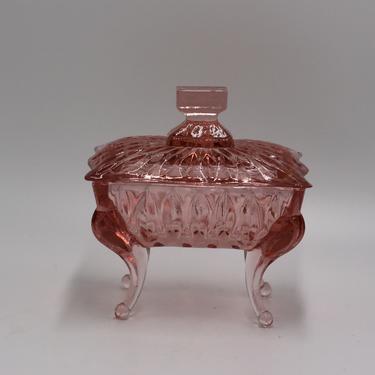 vintage pink depression glass footed jewelry or trinket box 