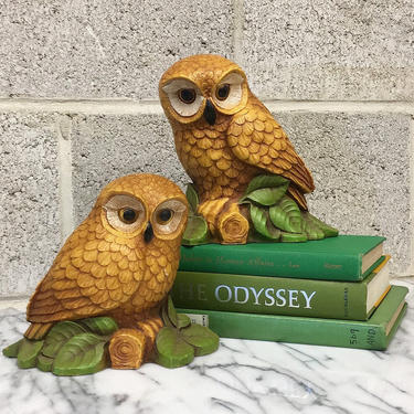 Vintage Owl Figurines Retro 1970s Bird Statues + Set of 2 Matching + Resin or Plastic + Painted with Cork Bottom + Home and Bookshelf Decor 