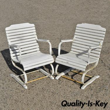 Pair Vtg French Country Wrought Iron and Wood Slat Bouncer Garden Lounge Chairs