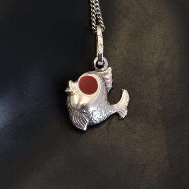 60's Italy sterling coral double sided whimsical cartoon fish pendant, charming 87 AR 925 silver red-eyed kitsch goldfish necklace 