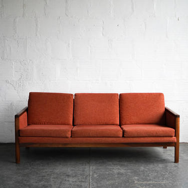 Burnt Orange Mid-Century Sofa with Walnut Frame