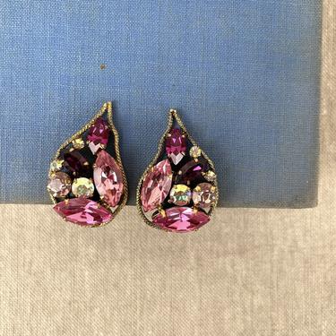 Pink rhinestone clip on earrings - 1980s vintage 