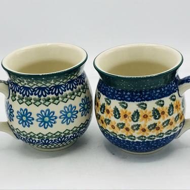 Vintage (2) Boleslawiec Pottery Ceramic Bubble  Mugs Blue and Floral Pattern Hand Made Painted Poland 