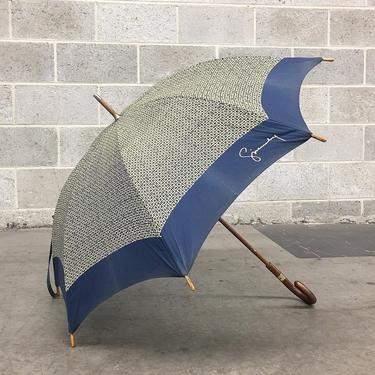 Vintage Givenchy Umbrella Retro 1970s Givenchy + Paris + New York + Blue + White + Patterned + Cloth Fabric Parasol Curved Brown Wood Handle 