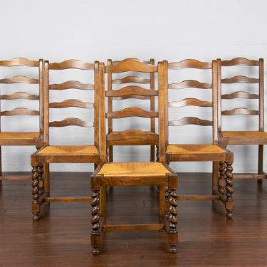 Vintage Set of 6 Country French Farmhouse Oak Ladder Back Dining Chairs 
