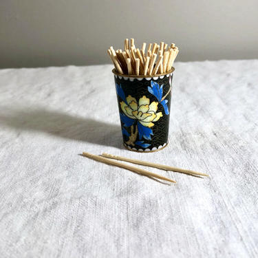 Vintage Cloisonne Enamel Brush Pot or Toothpick or Bobby Pin Holder - Asian Chinoiserie style, Yellow Peony and Bluebird Design 