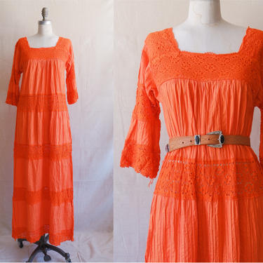 Vintage 70s Tangerine Mexican Wedding Dress/ 1970s Orange Tiered Crochet Lace Cotton Bell Sleeve Dress/ Size Medium 