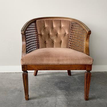 Vintage cane chair in milk chocolate plush upholstery