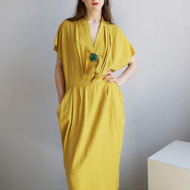 vintage mustard yellow rayon deep v-neck dress & matching smoking jacket 