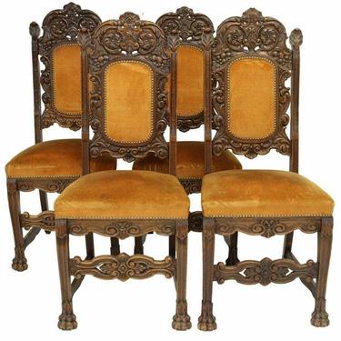 Antique Chairs, Side, Four French Carved Oak Side Paw Foot, Upholstered, 1800s!!