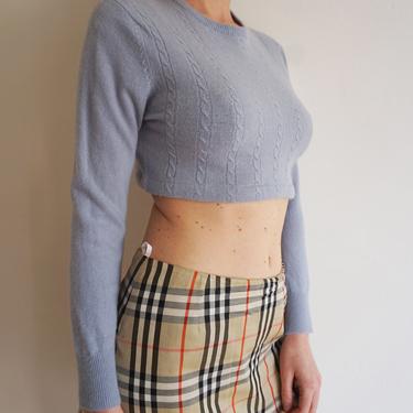 1980s Cashmere Saks Reworked Crop Cable Knit Sweater Fifth Avenue XS S Baby Blue Periwinkle Cropped 