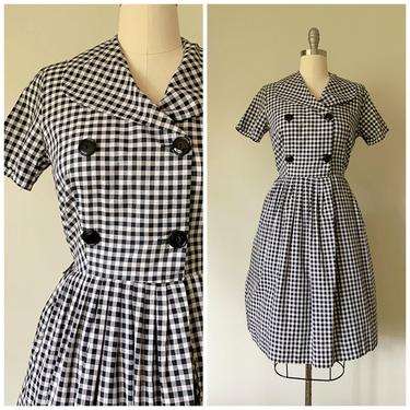 Vintage 1950s Dress • Birdie • Black White Checked Cotton 50s Shirt Dress Full Skirt Size Medium 