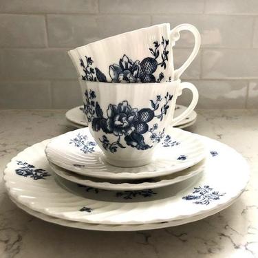 12 Piece Vintage Circa 1760 Discontinued Blue Sprays Reproduction Early Worcester&quot; 6&quot; 4 Bread Plates and 4 Cup with 4 Saucers by LeChalet