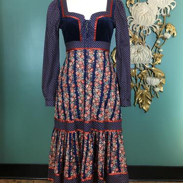 1970s gunne sax dress, navy blue velvet, cabbage rose print, corset style, vintage midi dress, cottagecore, size 9, long sleeve, prairie, 28 