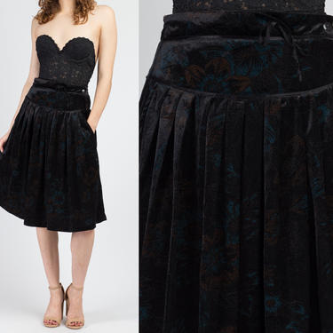 Vintage Black Velvet Pleated Skirt - Medium | 90s High Waisted Knee Length Pocket Floral Midi Skirt 
