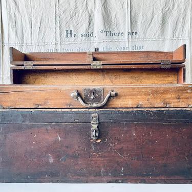 Antique Wood Tool Box with Dividers | Industrial Wood Tray | Wooden Box with Lid | Wood Storage | Crafts | Artist Supplies Vintage Mantique 