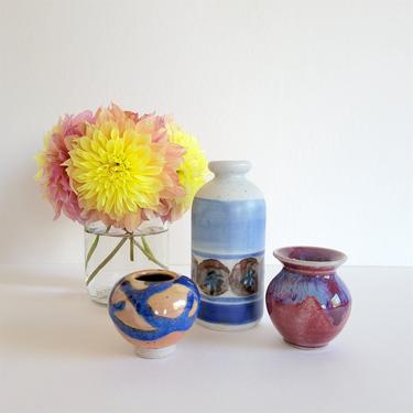 Small Vintage Ceramic Vase Set - Three Bud Vases in Blue 