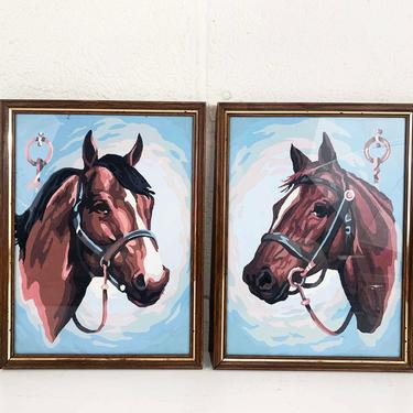 Vintage Framed Horse Paint By Number Original Painting Art White Blue Brown Wood Frame Painted Amateur Artist Painter Equestrian Decor 