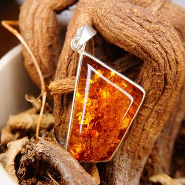 Vintage Modernist Sterling Silver Honey Amber Necklace Pendant, Incredible Inclusions, Fossilized Tree Resin, Abstract 925 Setting, 2” L 