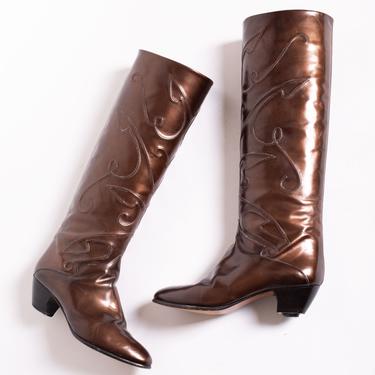 Vintage Bronze Italian Leather Tall Cowboy Boots with Etched Abstract Design size 8.5 Brown 