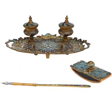 19th Century French Enameled Champleve Gilt-Bronze Inkstand Tray Desk Set - Double Inkwell, Dip Pen, Rocker Blotter 
