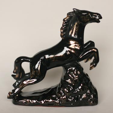 vintage black and gold redware horse figurine 