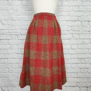 Vintage Plaid Wool Skirt with Pockets // Red and Brown High Waisted A Line 