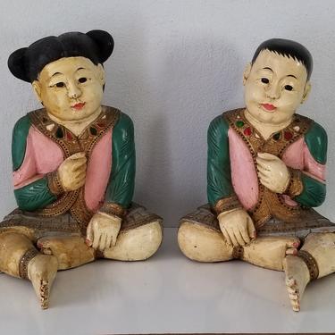 Life Size Vintage Chinese Girl and Boy Hand Carved Wood Sculptures a Pair . 