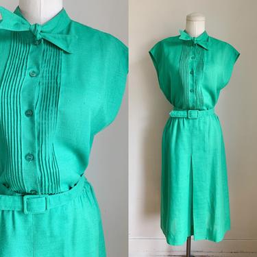 Vintage 1980s Kelly Green Ascot Tie Dress / M/L 
