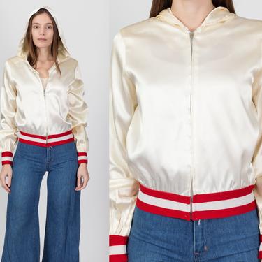 70s Does 50s Hooded Satin Varsity Jacket - Small to Medium | Vintage Shiny Striped Trim Windbreaker 