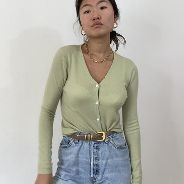 90s cashmere cardigan / vintage cropped celadon cashmere button front snug sweater V neck cardigan | XS S 