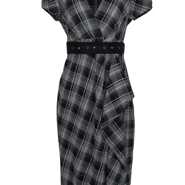 Nanette Lepore - Gray Plaid Draped "Gloria" Dress w/ Studded Belt Sz 12