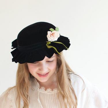 Vintage Girls Black Velvet Bonnet Floppy Brim Velvet Ruffled Brim Hat - Mid Century 