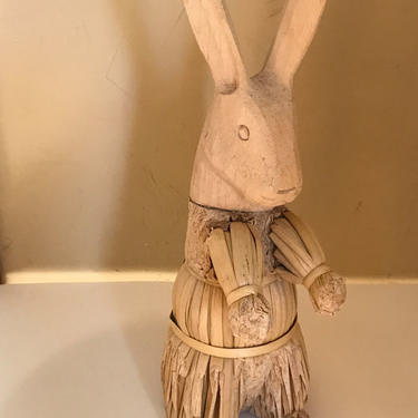Vintage  Corn Husk Wooden Standing Bunny Rabbit  Figurine-Easter Display- Folk Art 