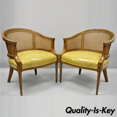 Pair Vintage Cane Barrel Back French Louis XVI Style Leather Club Lounge Chairs