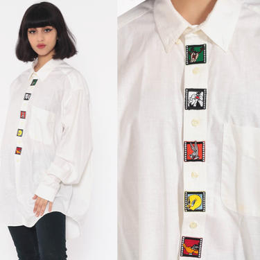 90s Looney Tunes Shirt -- Tweety Bird Bugs Bunny TAZ Shirt Button Up Cartoon Top 1990s Graphic Button Up Vintage Long Sleeve White Large 